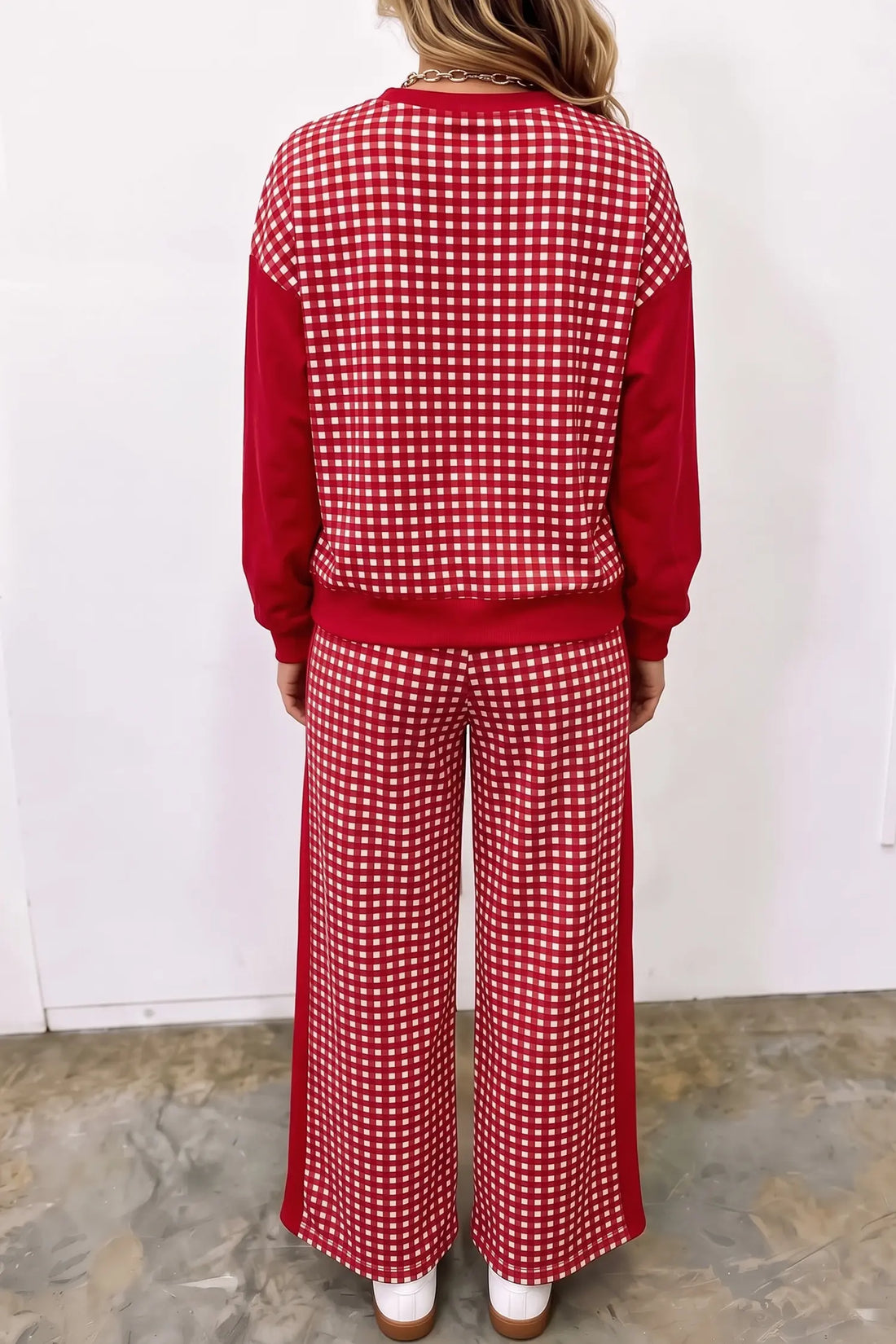 Colour Block Plaid Patchwork Long Sleeve Pullover Wide Leg Pant Set