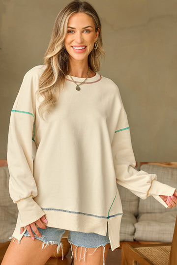 Contrast Stitching Split Baggy Sweatshirt eAura