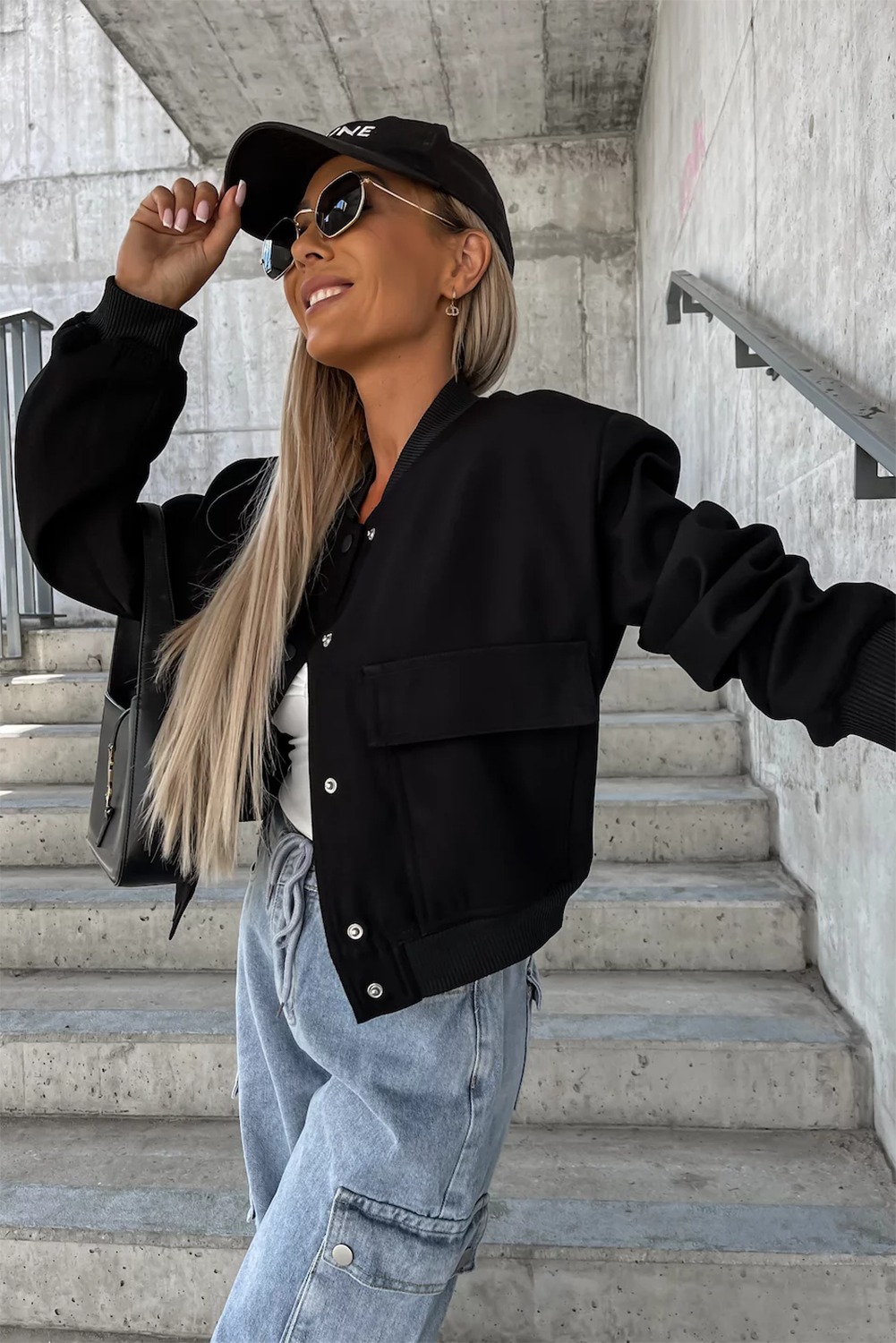 Black Big Pockets Baseball Collar Jacket Beagle Boutique Fashion Outlet