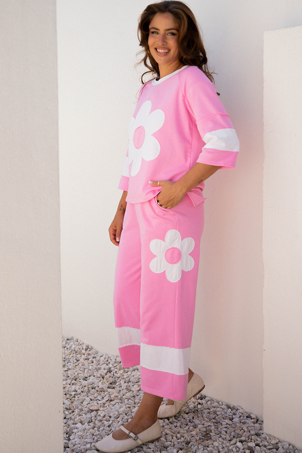 Big Flower Patched Raw Seam 2 Piece Relaxed Trousers Co-ord Set - eAura