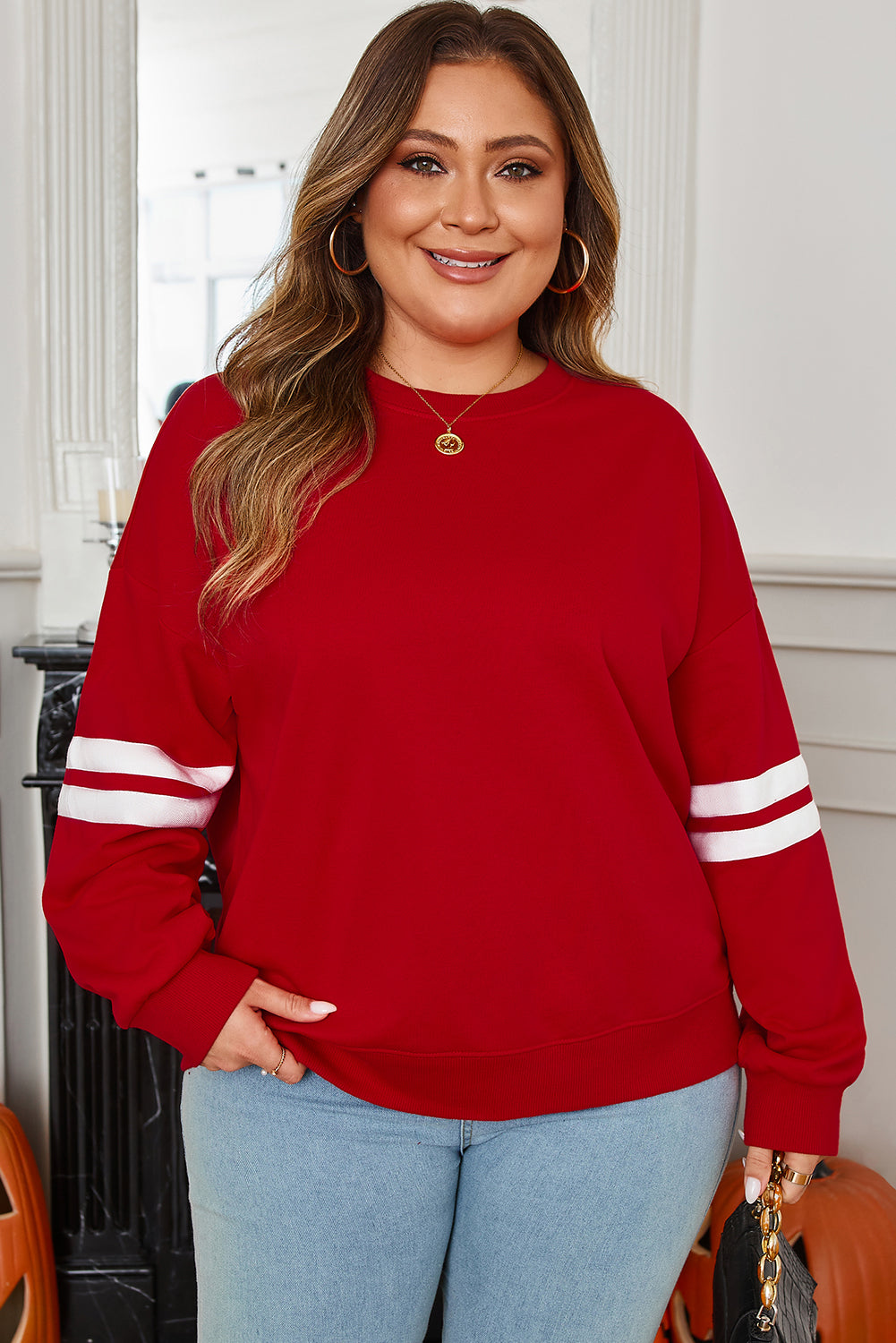 Varsity Striped Detail Crew Neck Plus Size Sweatshirt - Size/Plus Sweatshirts & Hoodies