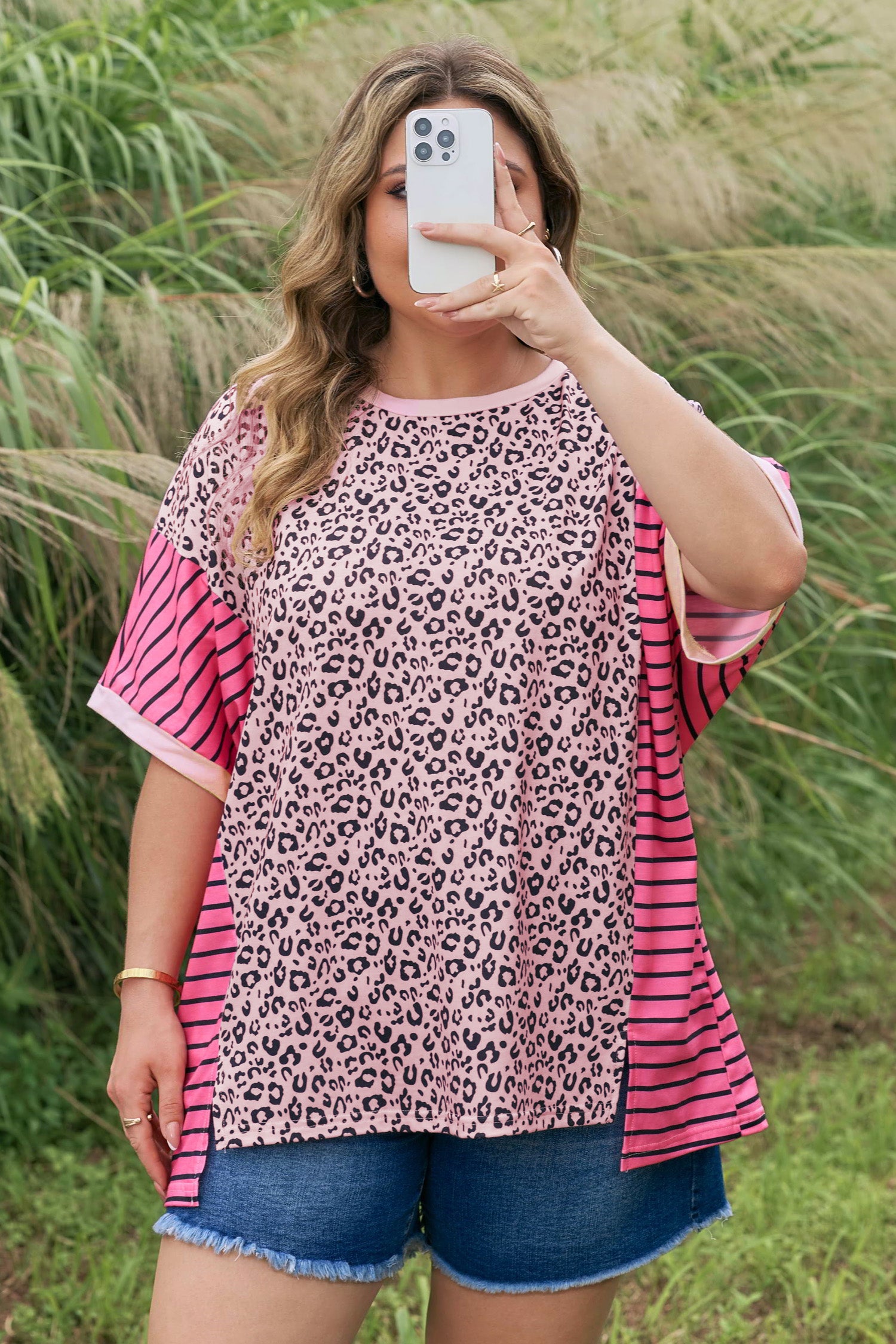 Plus Size Leopard Striped Contrast Patchwork Tee – Pink