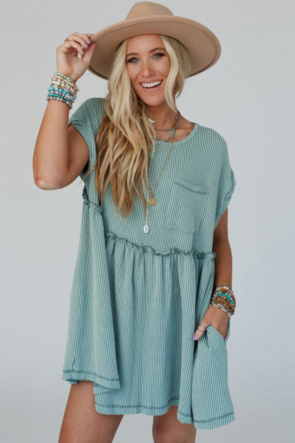 Canton Ribbed Knit Textured Patched Pocket Frilled Swing Mini Dress with Pockets eAura