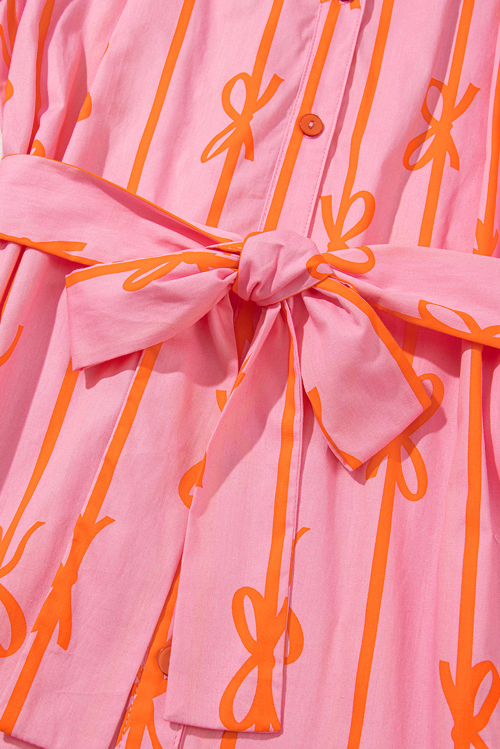 Pink Bowknot Striped Printed Bubble Sleeve Buttoned Belted Mini Dress eAura