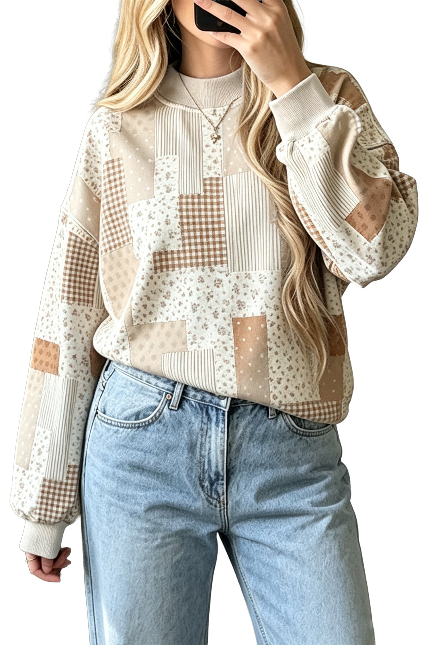 Patchwork Floral Print Mock Neck Long Sleeve Sweatshirt – Sky Blue