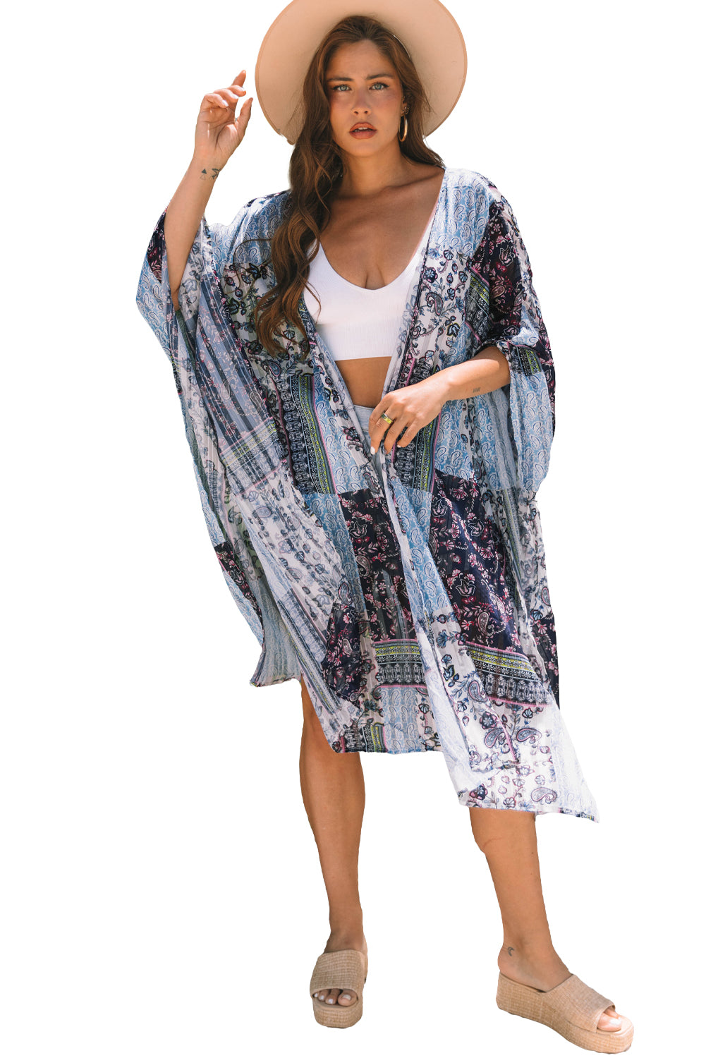 Retro Floral Print Long Loose Open Front Kimono – Blue