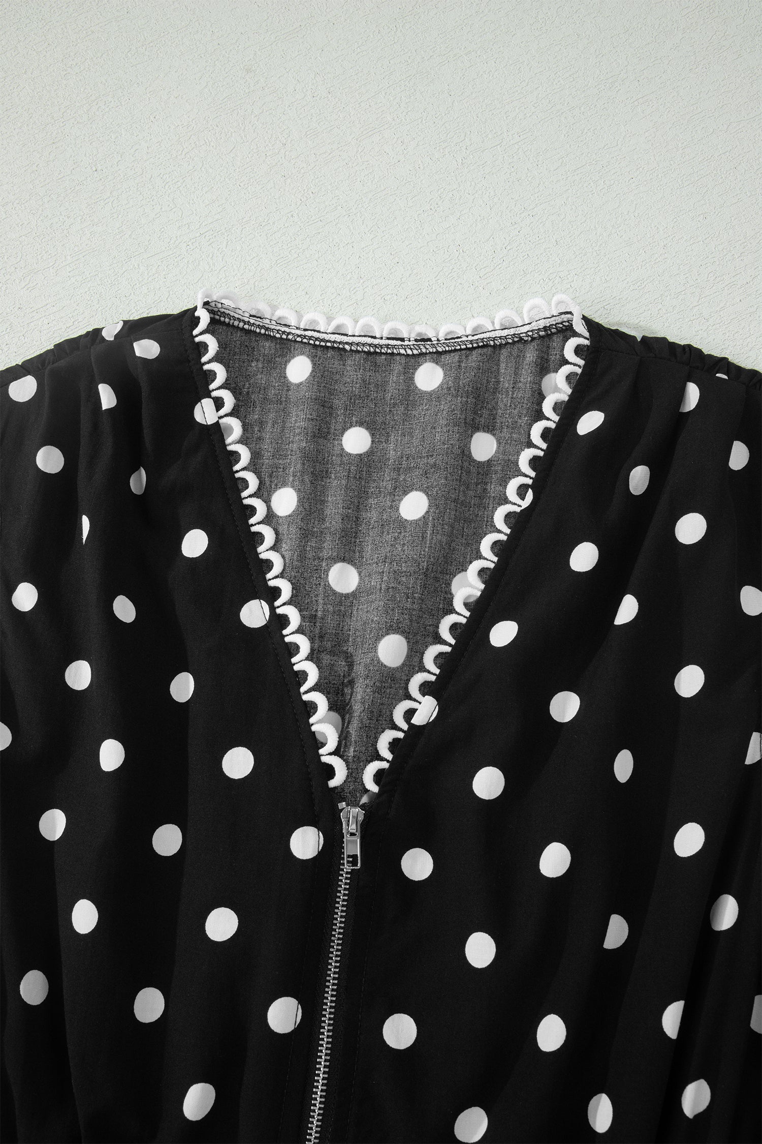 Polka Dot Print Contrast Trim V-Neck Zip Up Sleeveless Dress