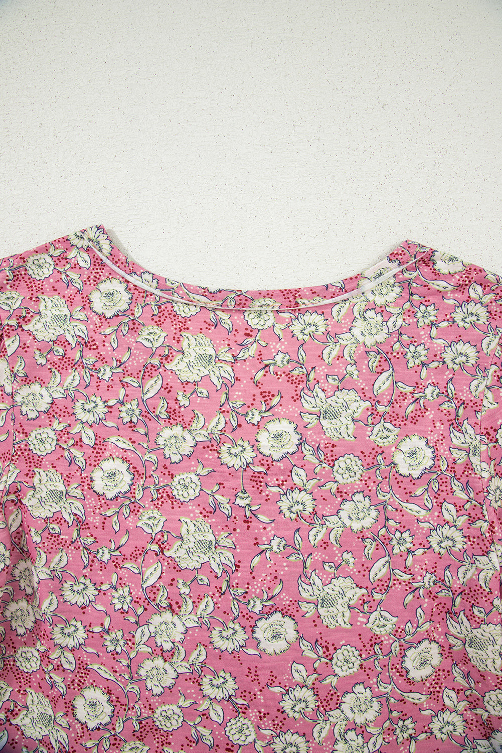 Pink Floral Short Puff Sleeve V Neck Ruched Blouse eAura