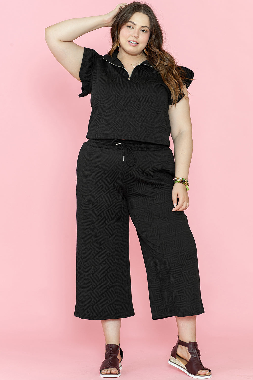 Black Plus Ruffled Sleeve Quarter Zip Top Wide Leg Trousers Set BB Fashion Outlet