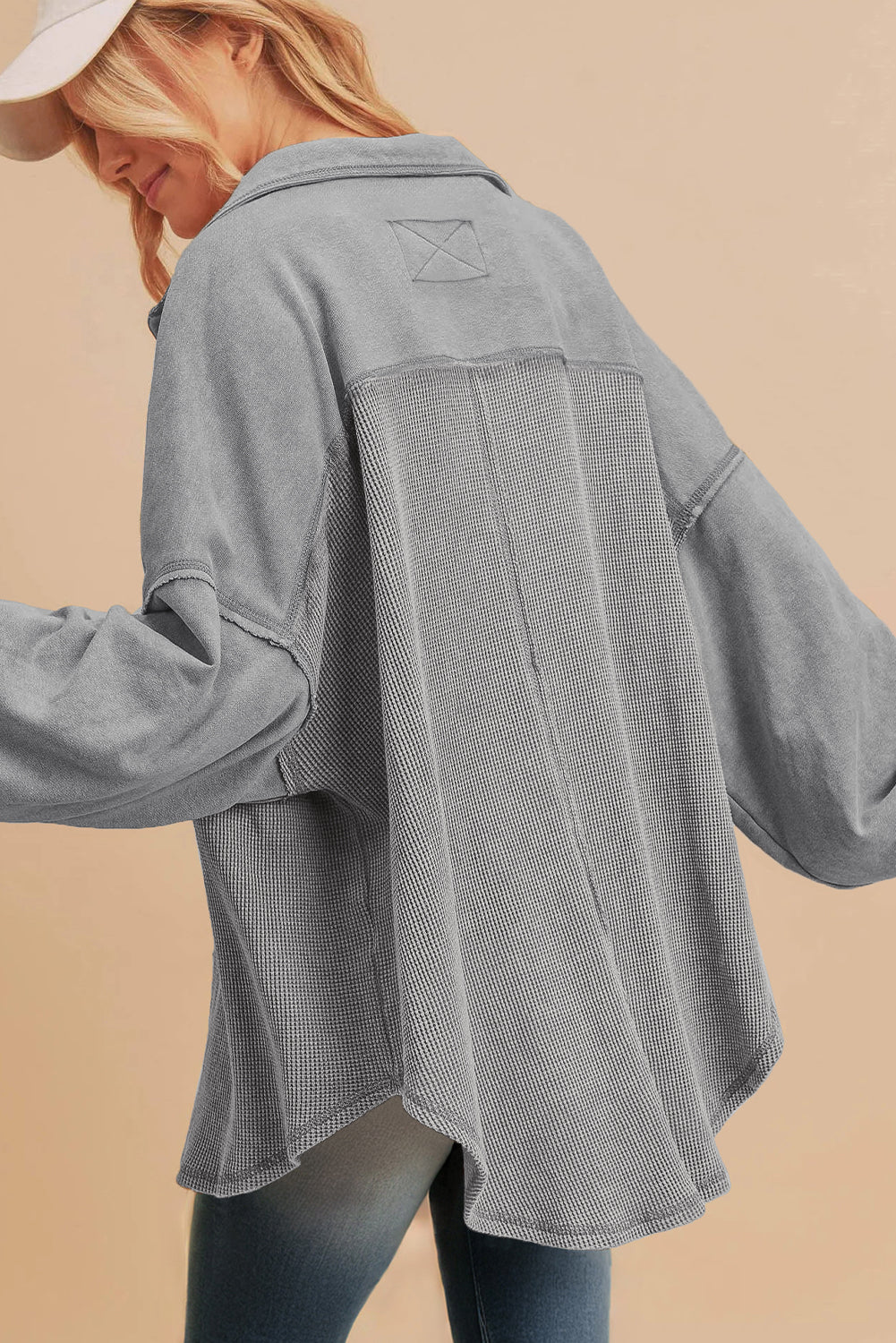 Medium Grey Waffle Textured Exposed Seam Oversized Shacket - eAura