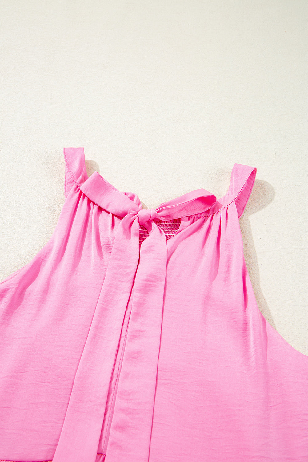 Pink Smocked Neck Knot Back Frilly Tiered Sleeveless Mini Dress BB Fashion Outlet