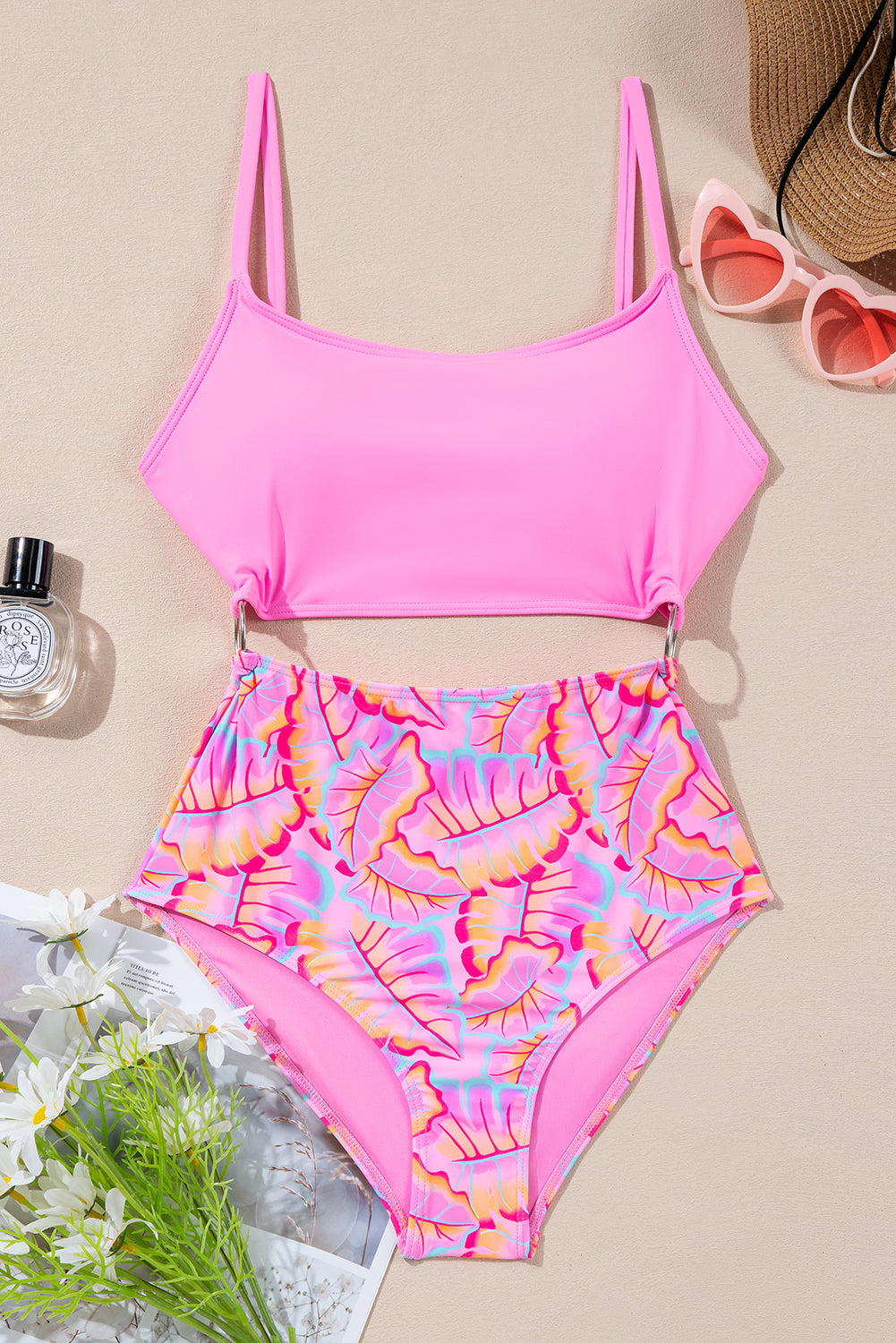 Rose O-ring Joint Leafy Print High Waist Monokini eAura