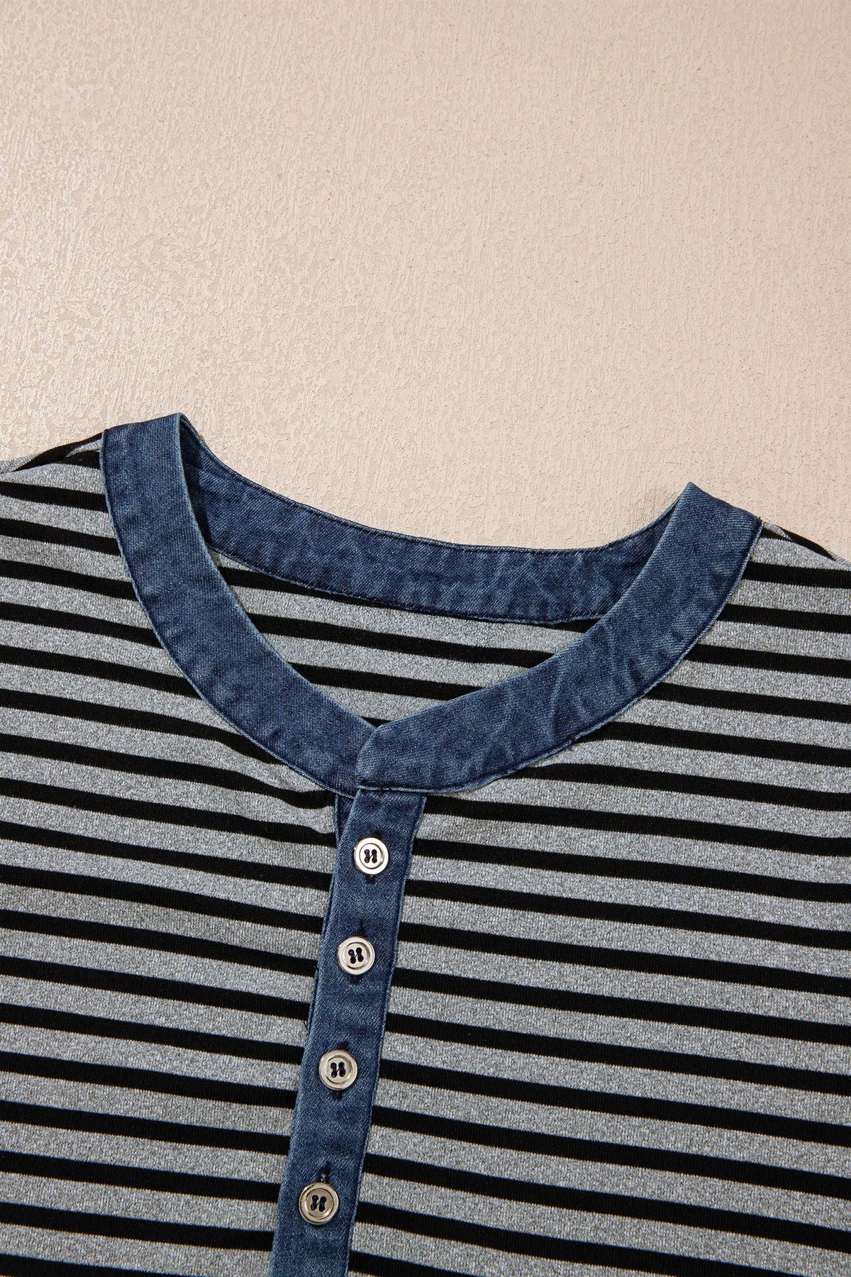 Denim Contrast Collar Half Button Long Sleeve Top – Grey Stripe