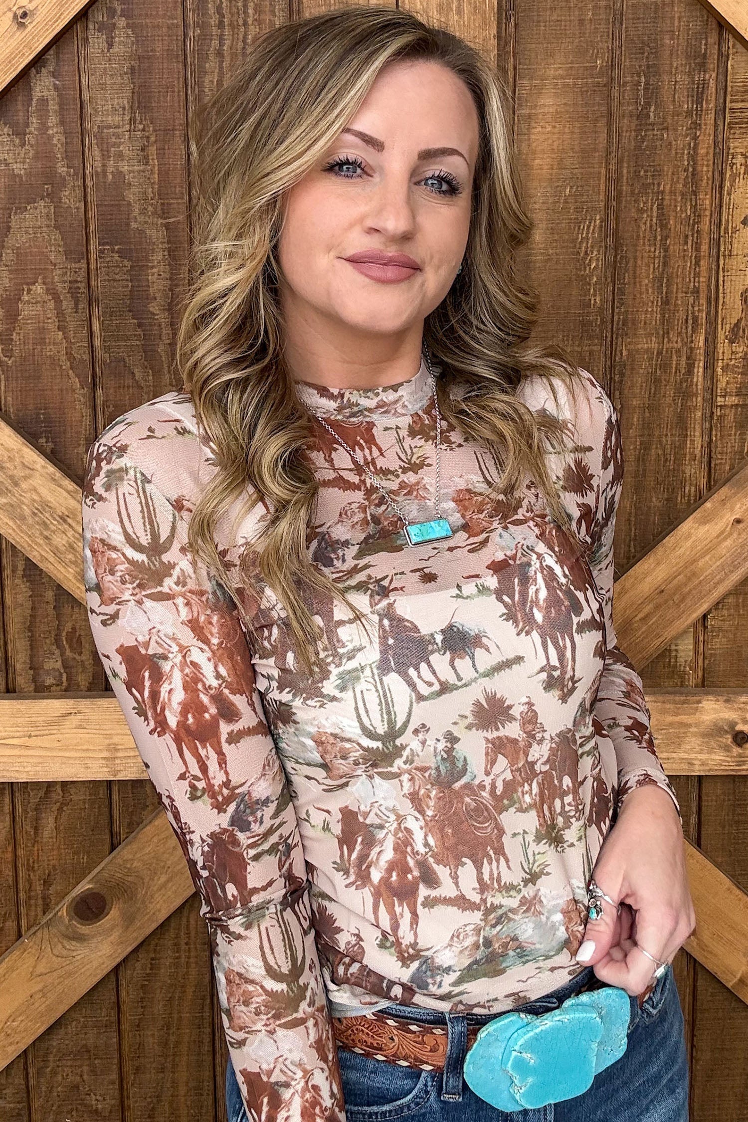 Western Cowboy Floral Print Sheer Mesh Long Sleeve Top – Beige