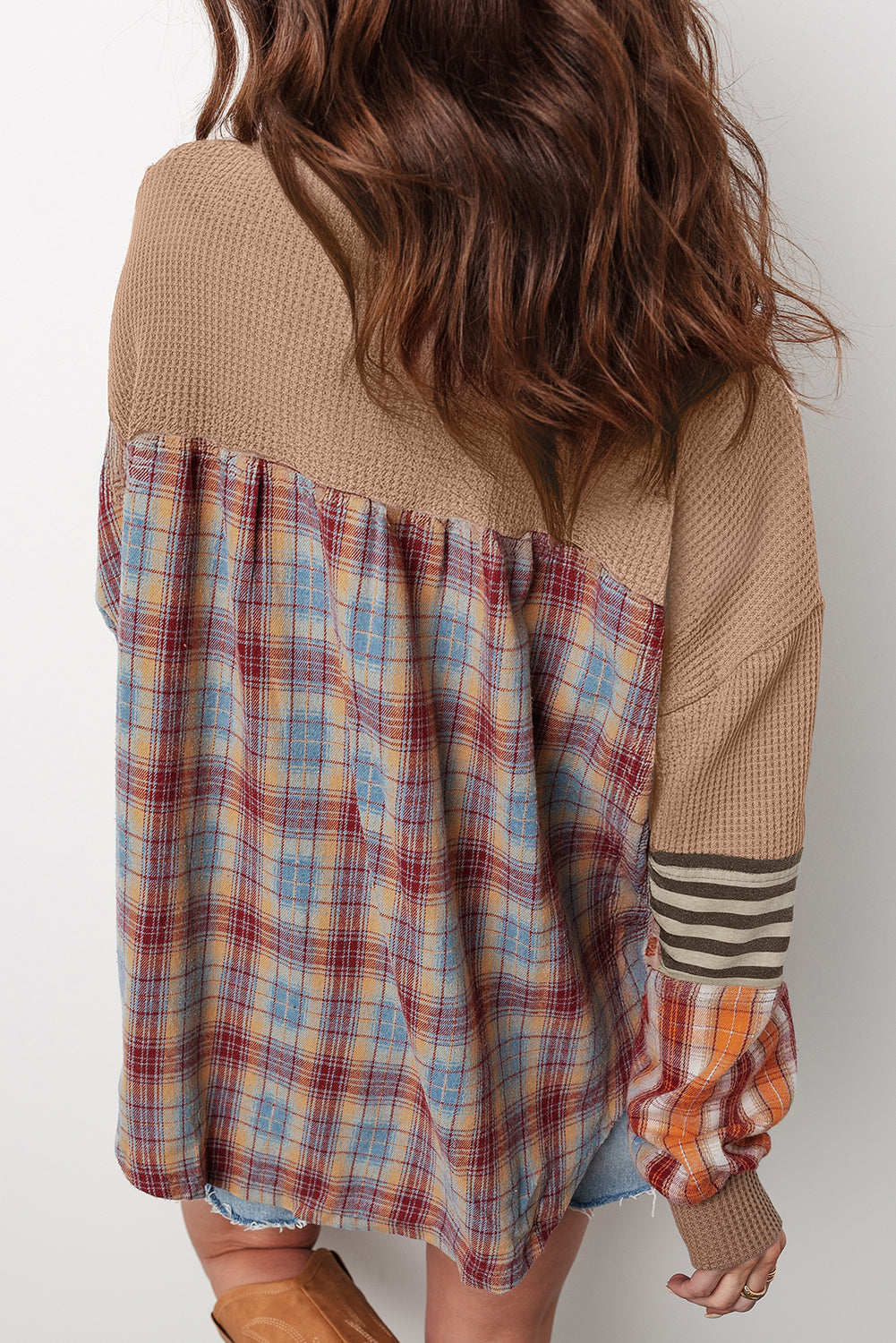 Waffle Striped Plaid Patchwork Henley Knit Top - eAura