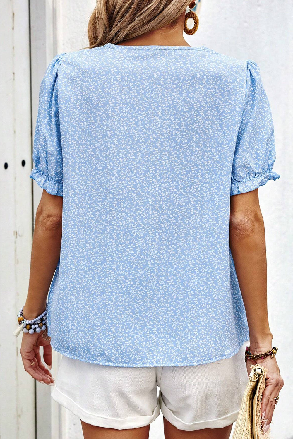 Sky Blue Floral Embroidered Puff Sleeve Notched V Neck Blouse eAura