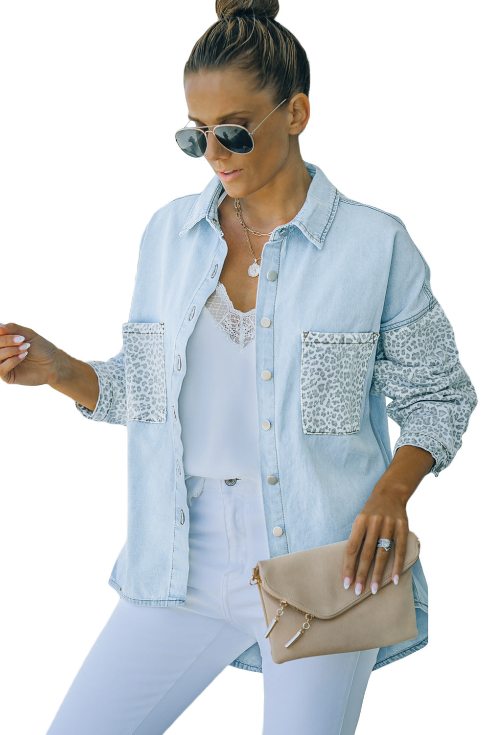 White Contrast Leopard Denim Jacket eAura