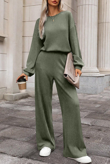 Laurel Green Solid Ribbed Knit Keyhole Back High Waist Jumpsuit eAura
