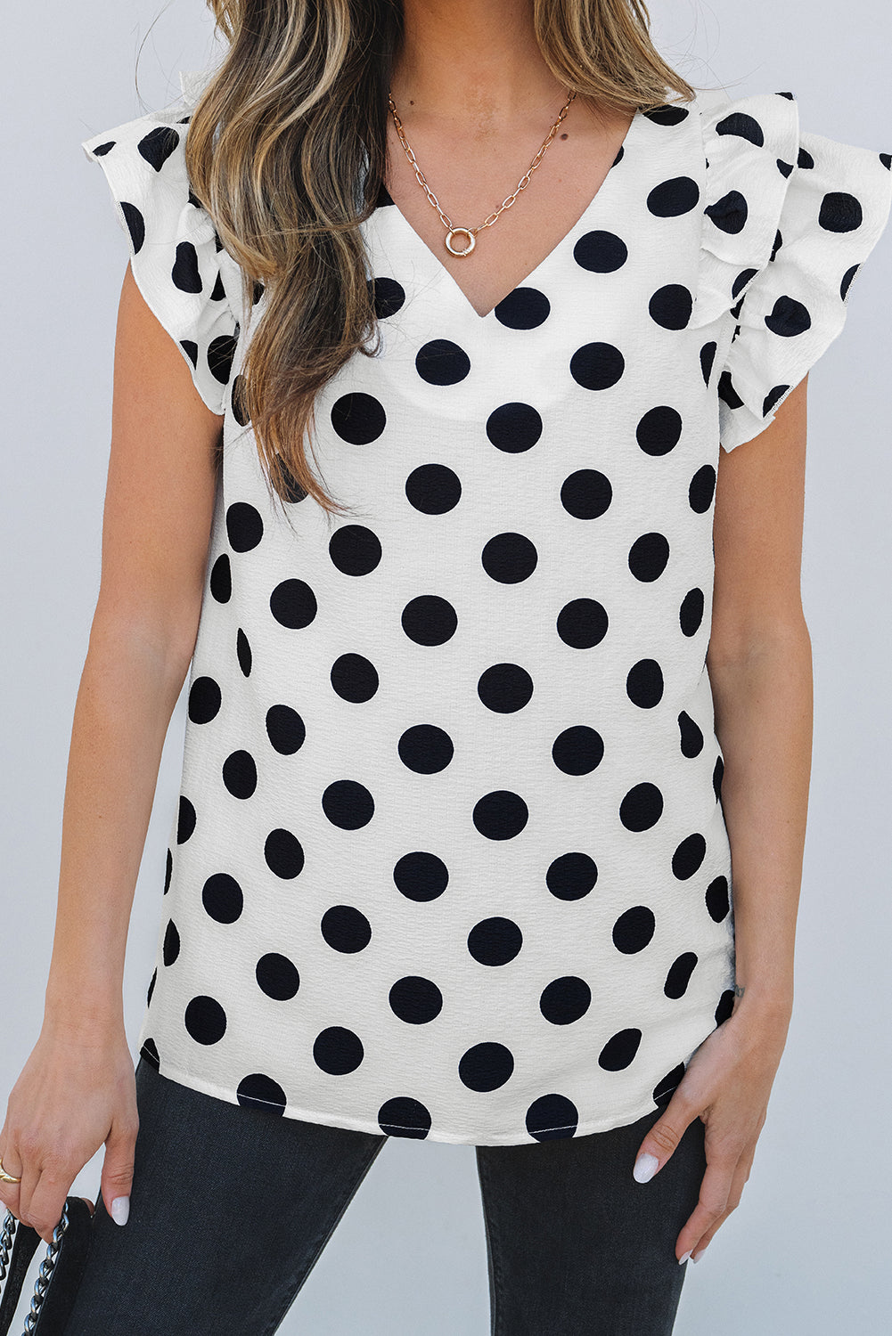 White Polka Dot Print Ruffled Sleeve V Neck Blouse eAura