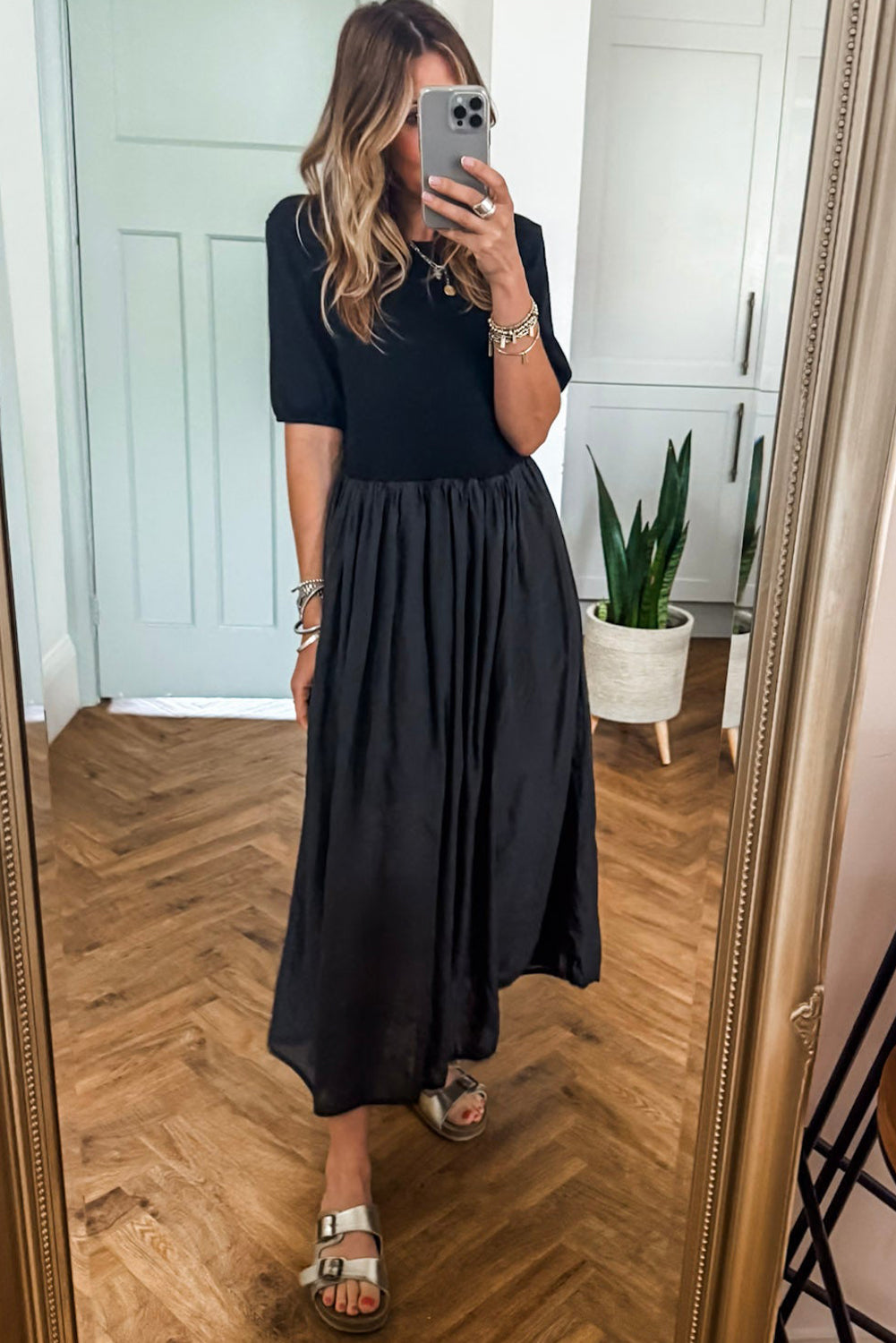 Black Short Sleeve Knit Top Patchwork Pleated Long Dress