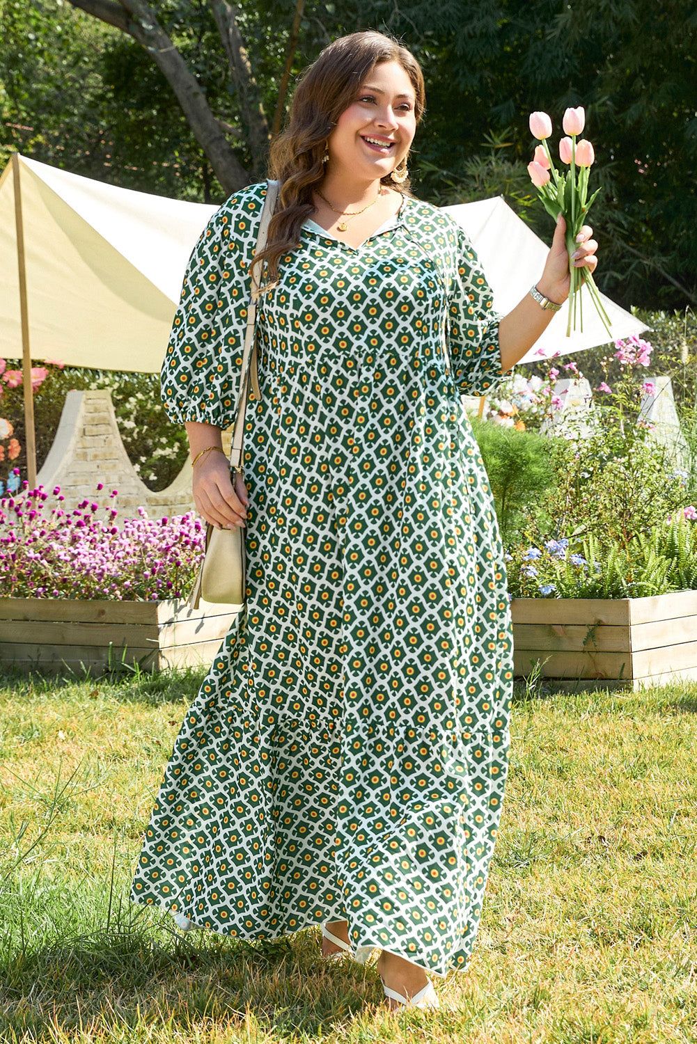 Green Geometric Floral Print Half Sleeve Plus Size Maxi Dress BB Fashion Outlet