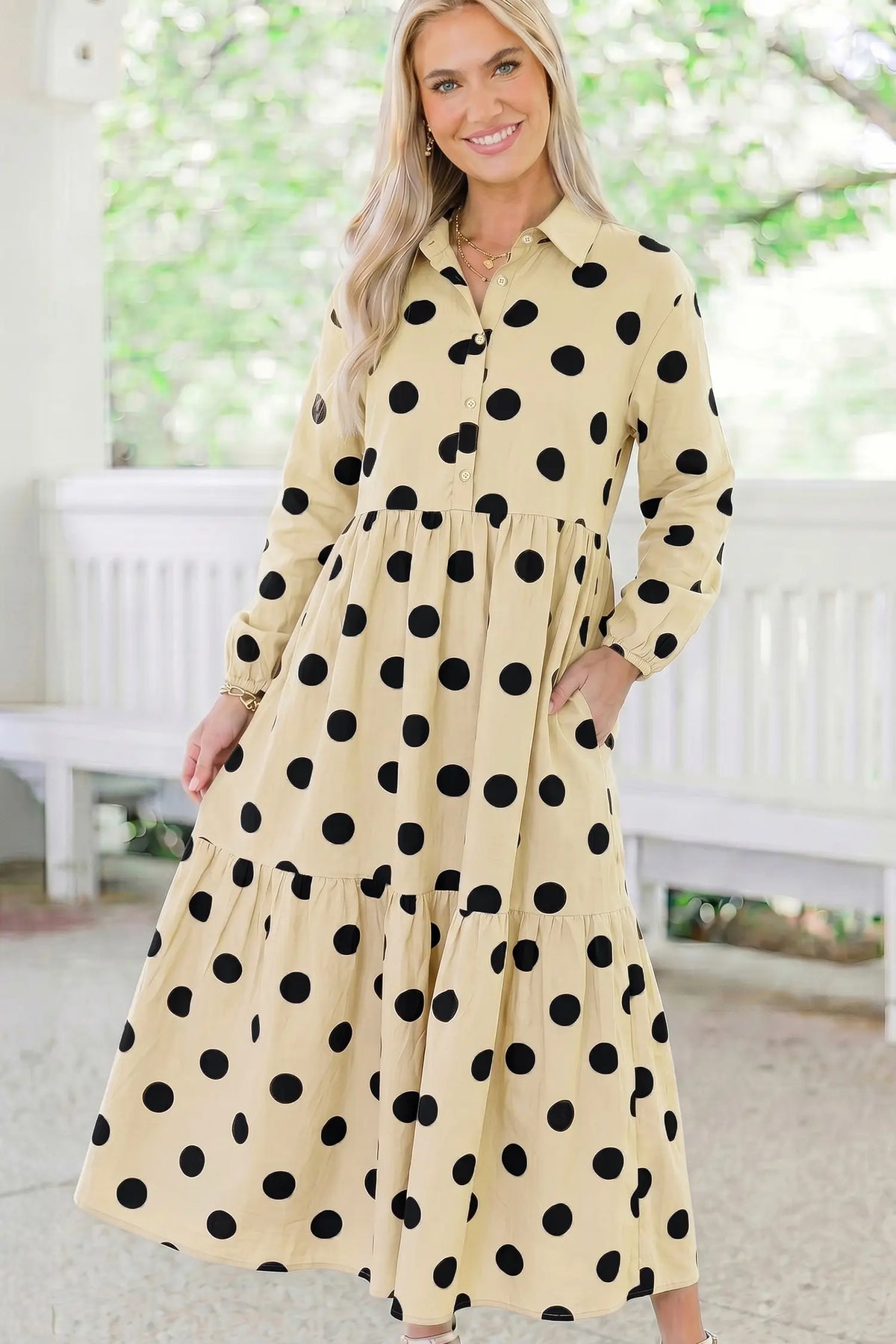 Polka Dot Button Front Long Sleeve Shift Dress