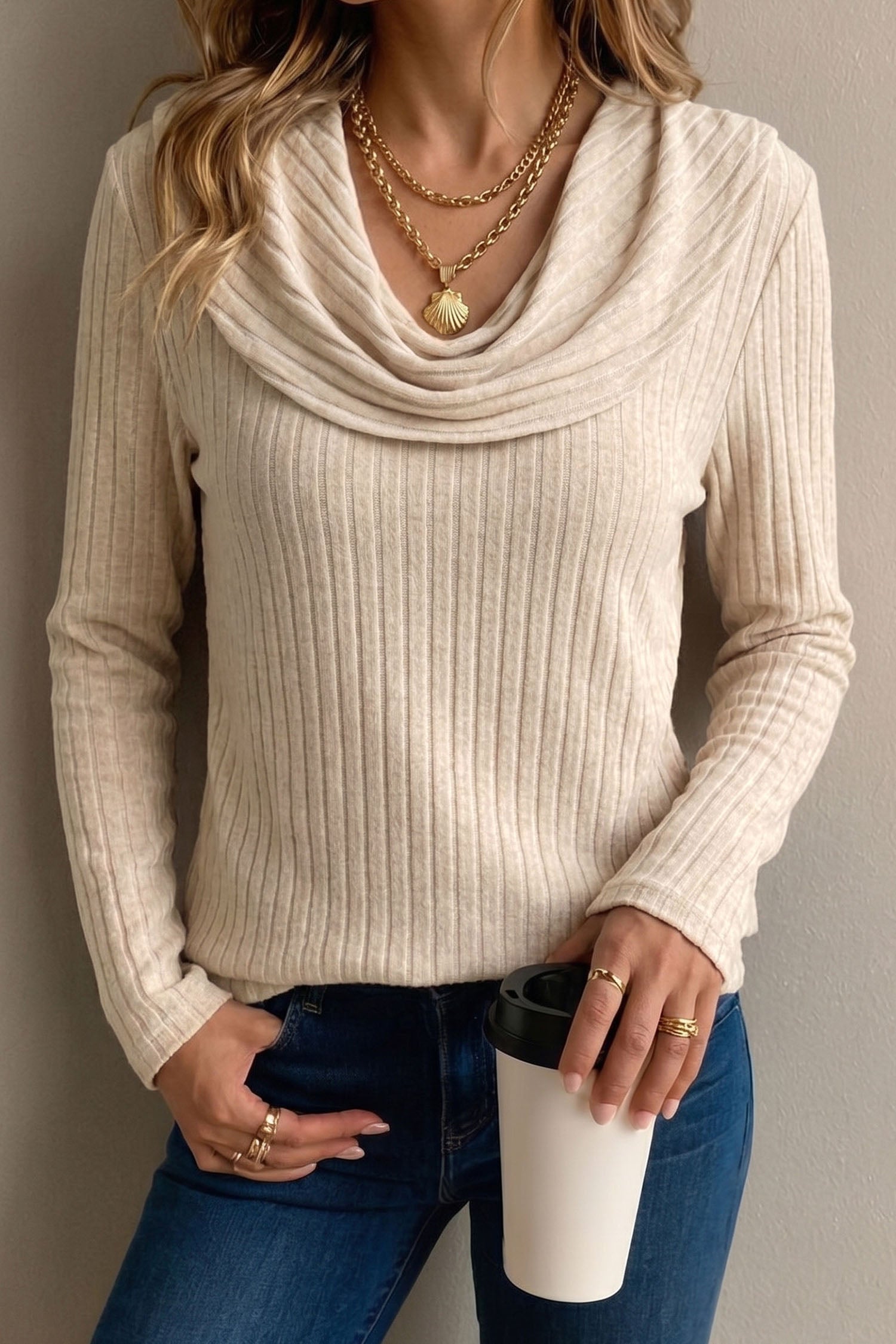 Apricot Solid Color Ribbed Knit Cowl Neck Long Sleeve Top – Beige