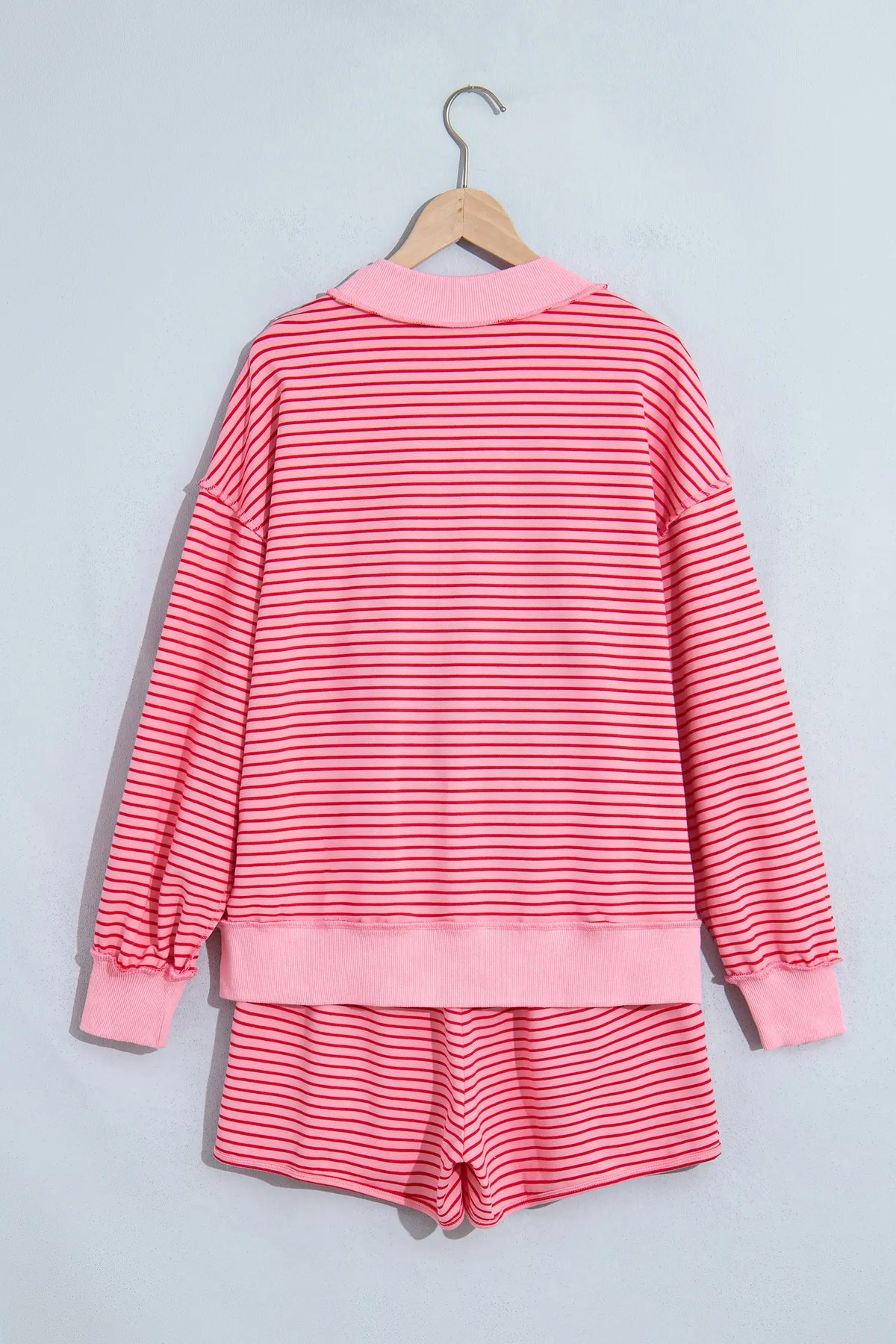 Ribbed Patchwork Mock Neck Baggy Pullover Matching Shorts Set – Blue Stripe