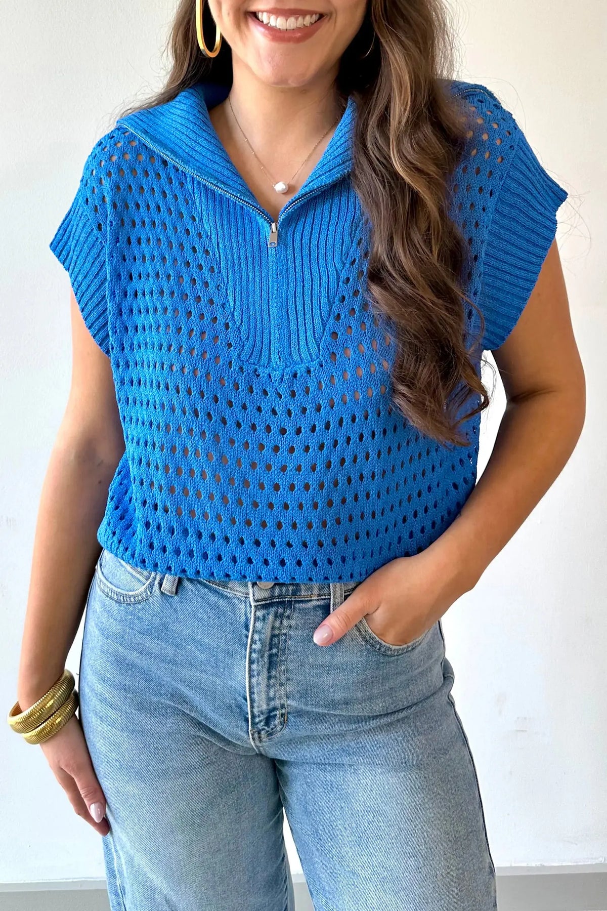 Sky Blue Solid Colour Hollowed Knit Short Sleeve Zipper Collar Knitwear Top – Light Blue