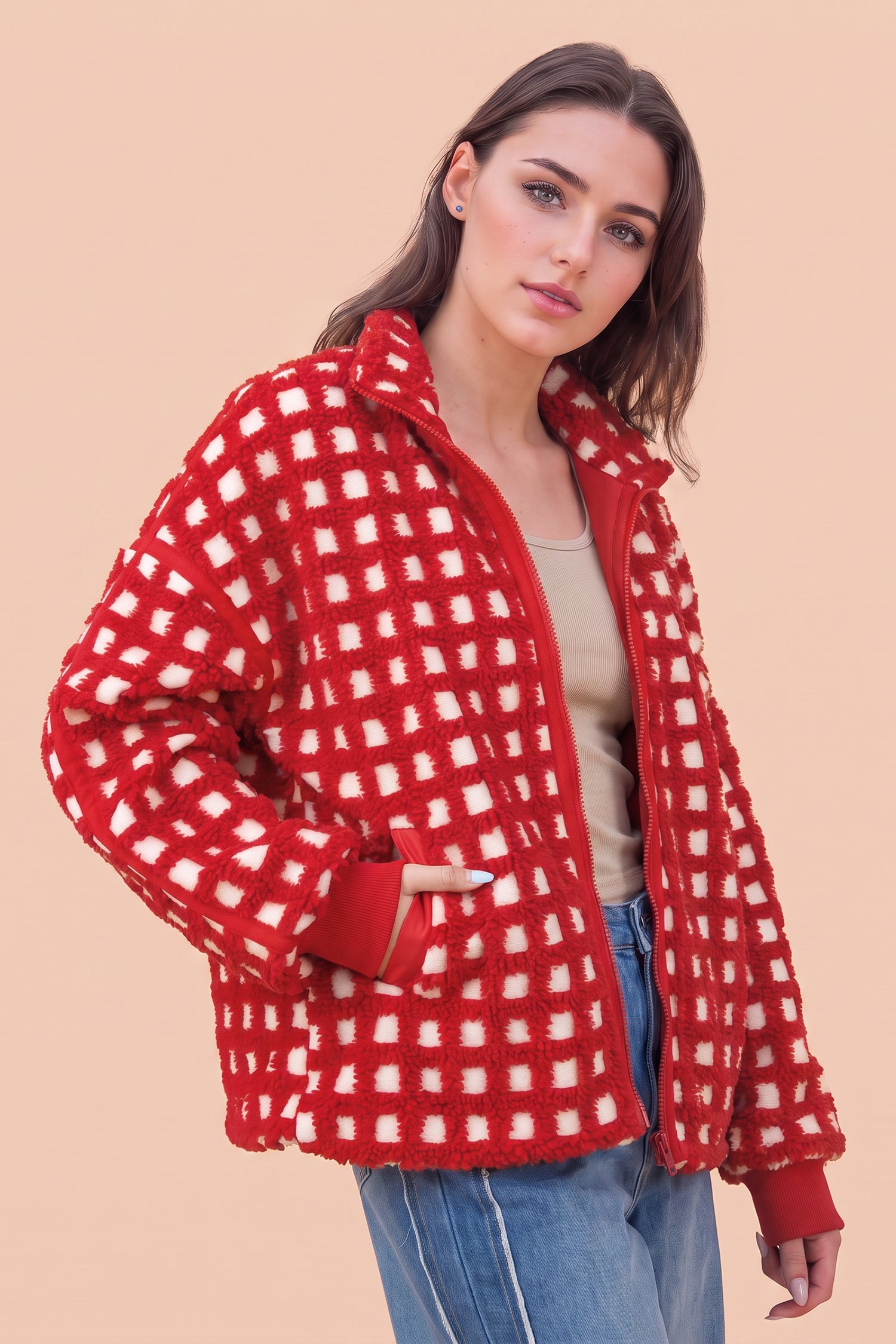 Plaid Zip-up Long Sleeve Jacket – Fiery Red