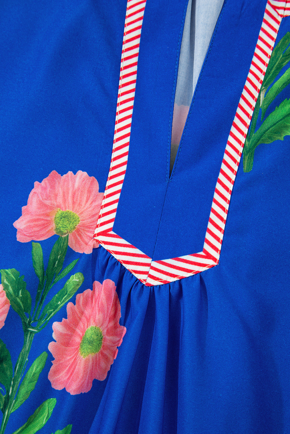 Blue Floral Short Sleeve Split Neck Loose Mini Dress eAura