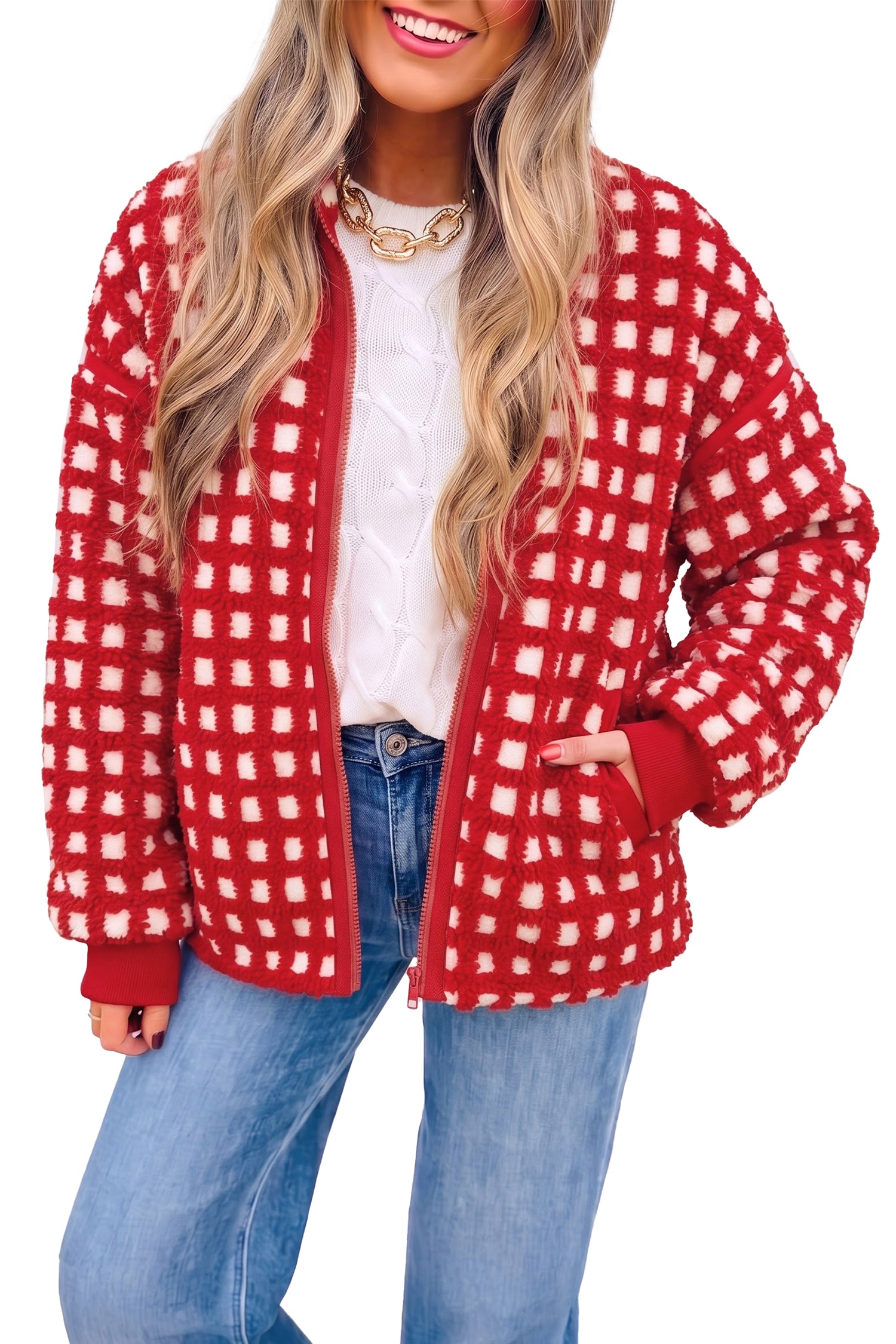 Plaid Zip-up Long Sleeve Jacket – Fiery Red