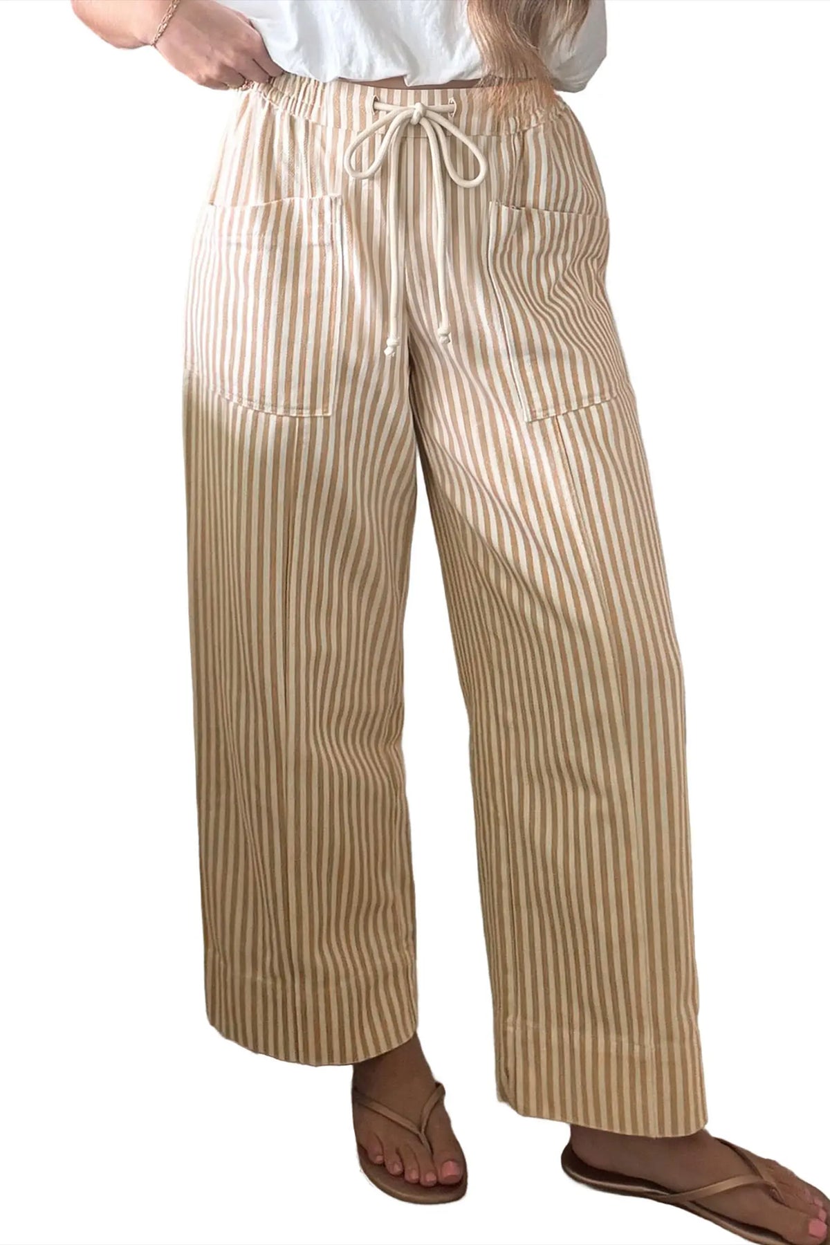 Ribbon Drawstring Waist Full-Length Shift Pant – Apricot Stripe