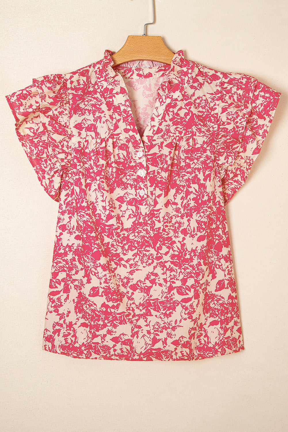 Rose Allover Print Half Button Neck Ruffle Sleeve Blouse eAura