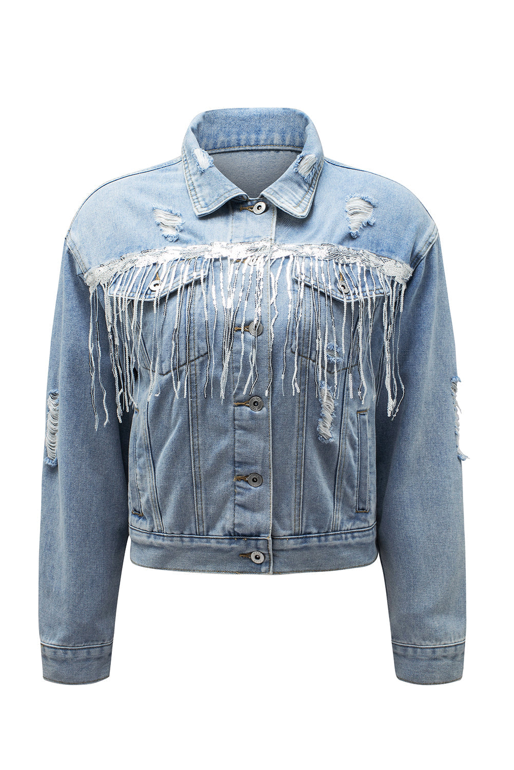 Sky Blue Sequin Embellished Fringe Distressed Denim Jacket Beagle Boutique Fashion Outlet
