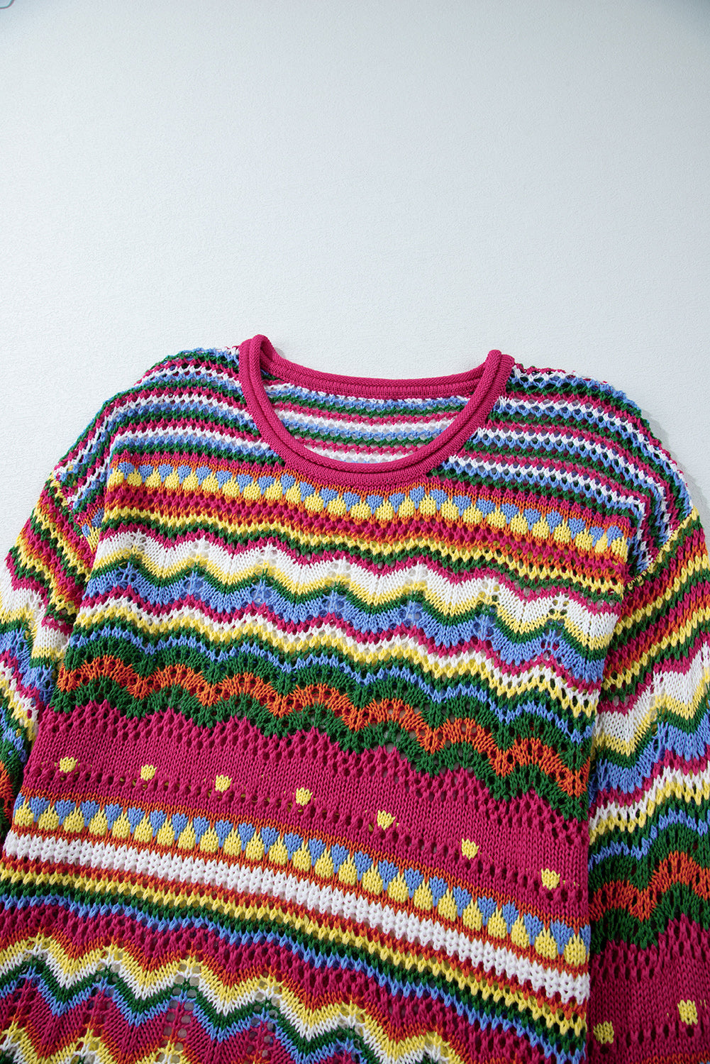 Rose Red Colourblock Striped Hollowed Knit Loose Sleeve Sweater eAura