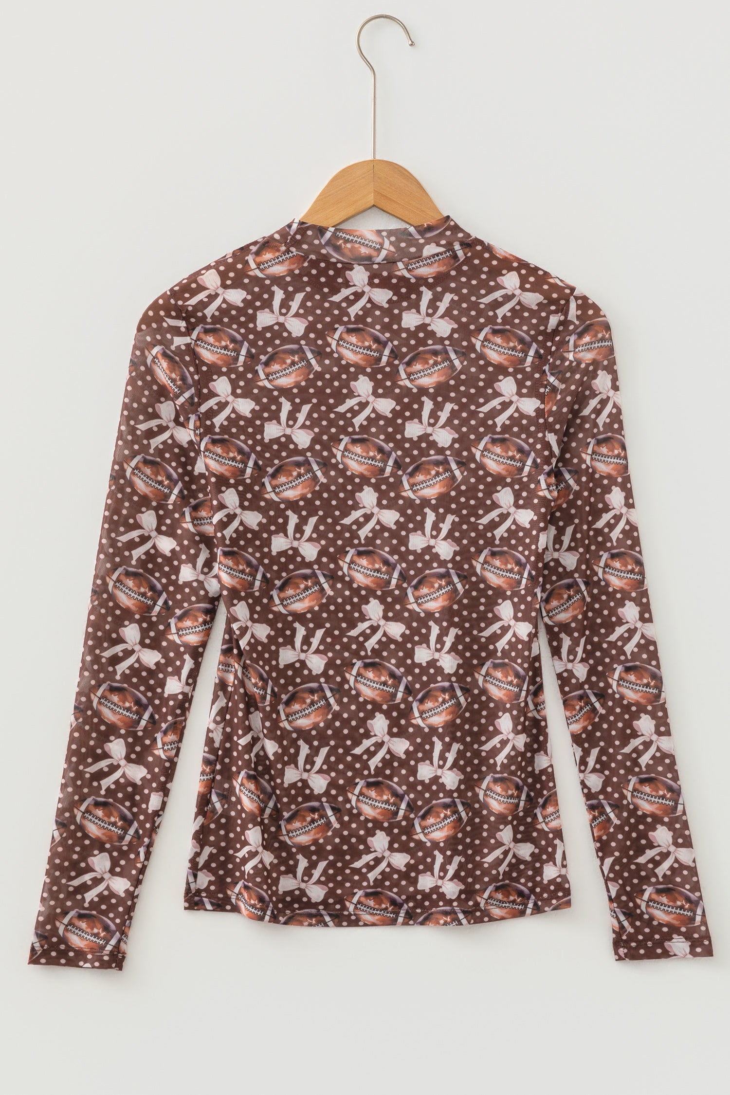 Polka Dot Bow Football Print Long Sleeve Mesh Top – Brown