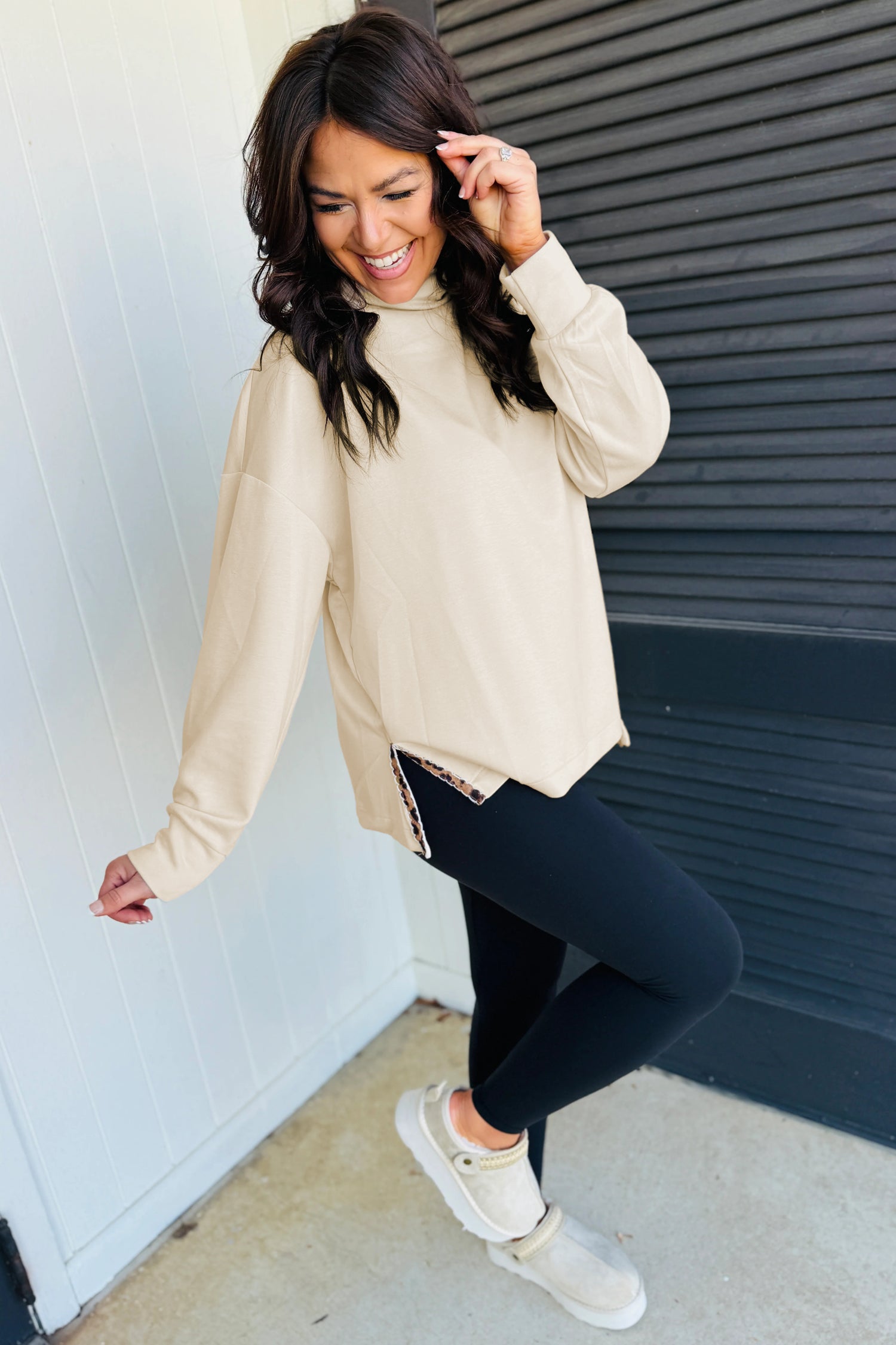 Mock Neck Long Sleeve Leopard Detail Split Hem Top – Beige