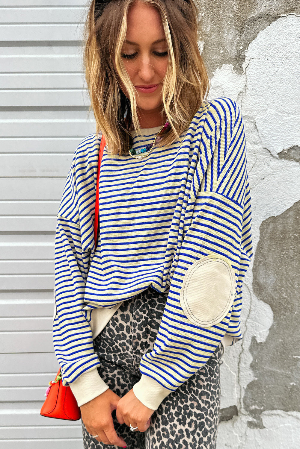 Elbow Patched Crew Neck Drop Shoulder Sweatshirt - eAura