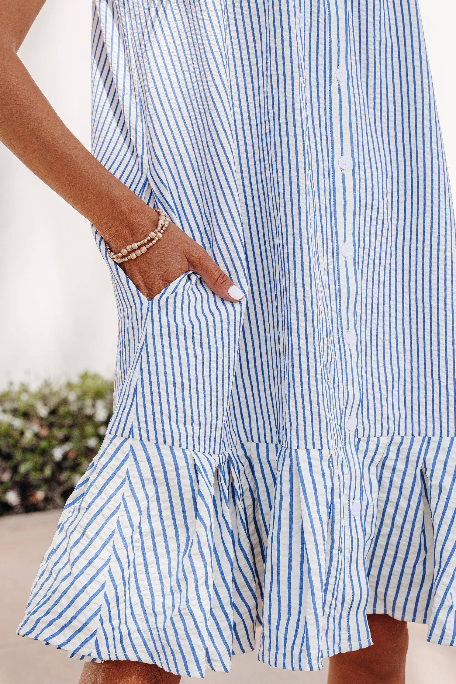 Shirt Collar Shirred Detail Ruffle Hem Sleeveless Dress – Sky Blue Stripe