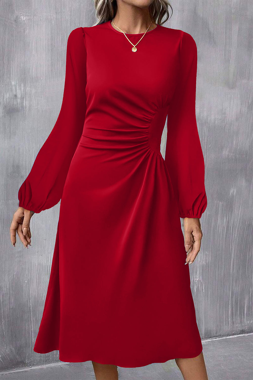 Ruched Detail Long Sleeve Midi Dress - eAura