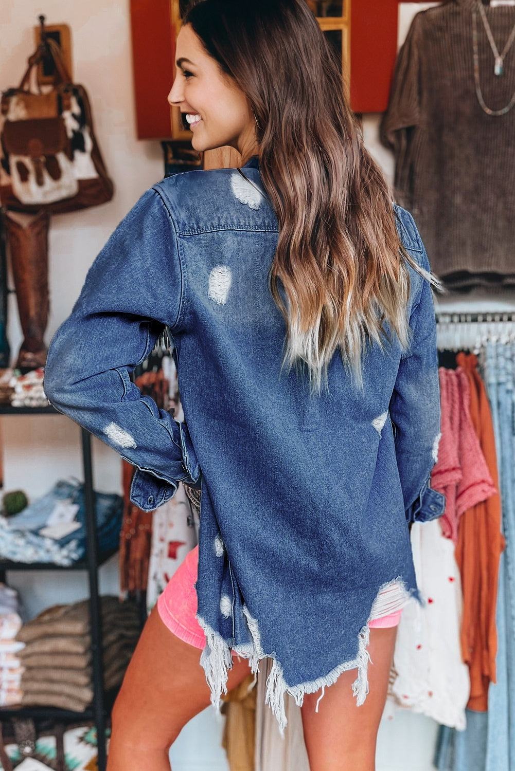Sky Blue Light Wash Distressed Frayed Long Denim Jacket eAura