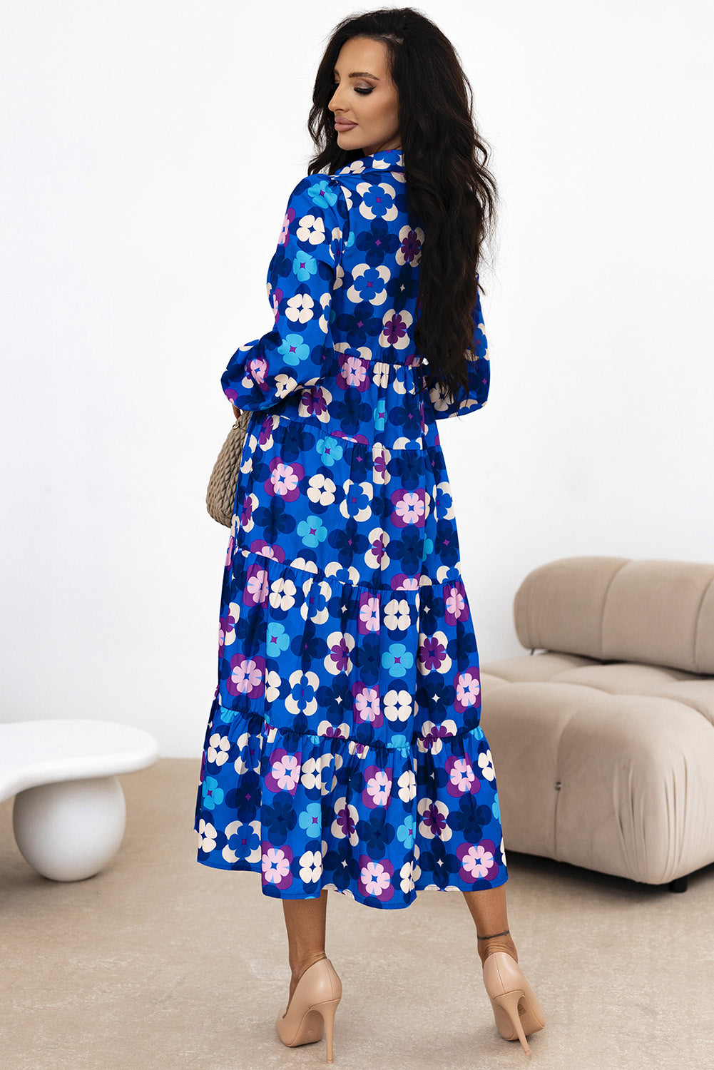 Blue Floral Peasant Sleeve Tiered Ruffle Midi Dress eAura