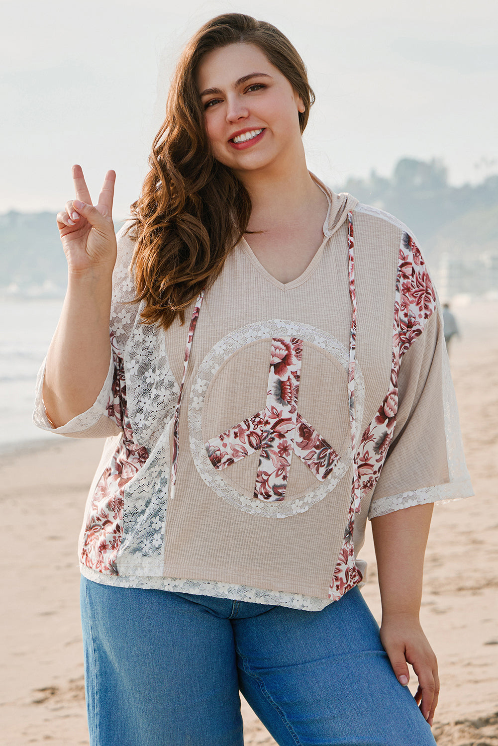 Khaki V Neck Floral Peace Sign Graphic Lace Patch Ribbed Plus Size Hooded Top BB Fashion Outlet