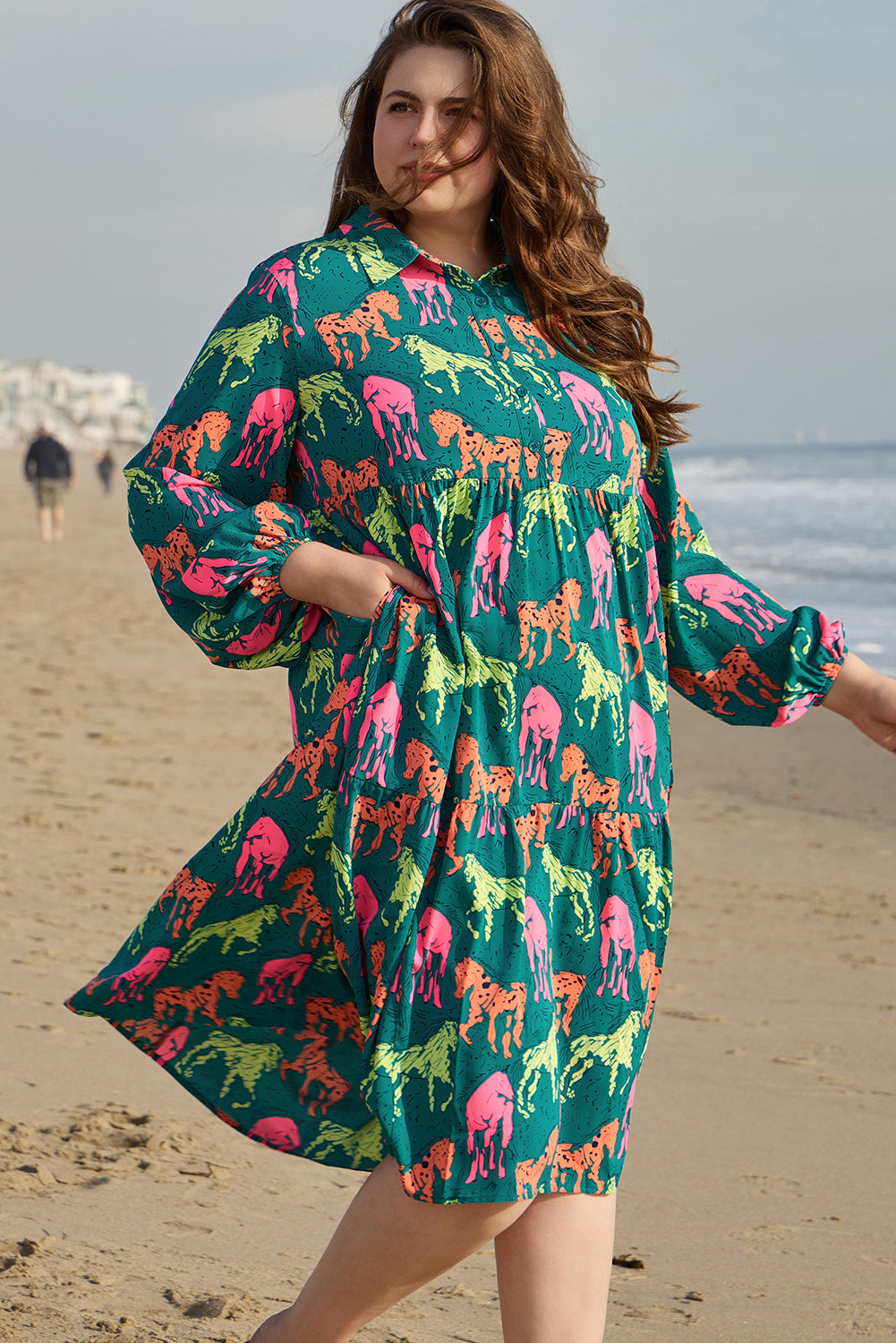Green Horse Printed Long Sleeve Collared Buttoned Plus Size Midi Dress BB Fashion Outlet