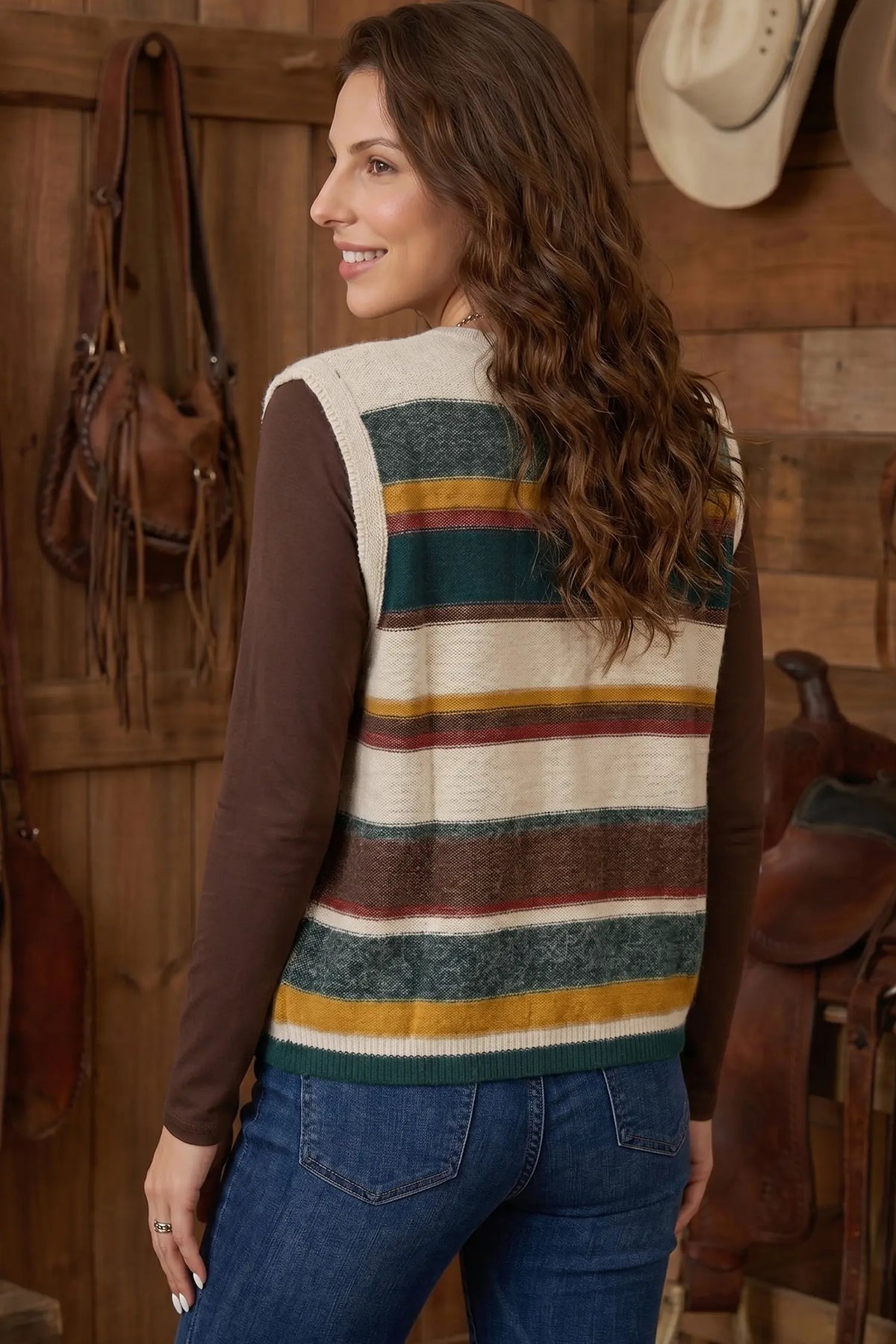 Striped Button Front Sleeveless Knit Regular Fit Sweater Vest – Multicolour