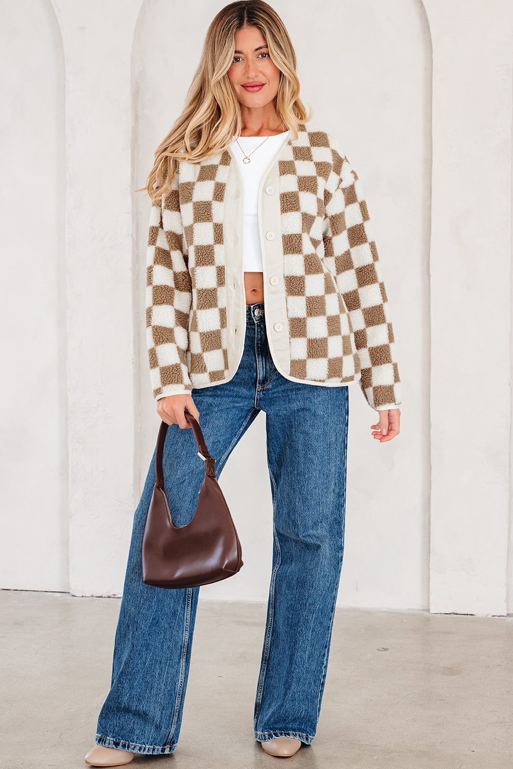Brown Checkered Sherpa Buttoned Front Chunky Jacket - eAura