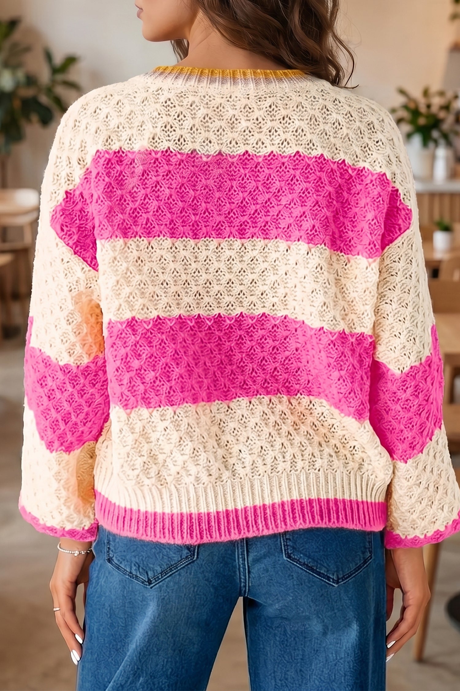 Striped Colorblock Texture Drop Shoulder Sweater – Pink Stripe