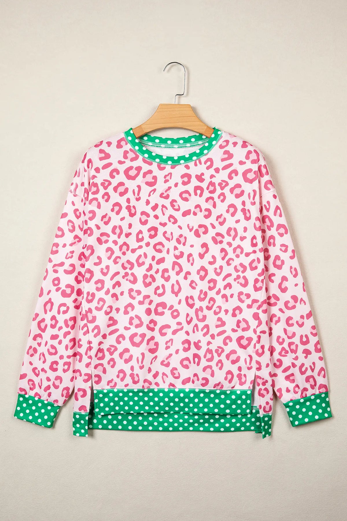 Leopard Polka Dot Colourblock Trim Long Sleeve Top – Khaki