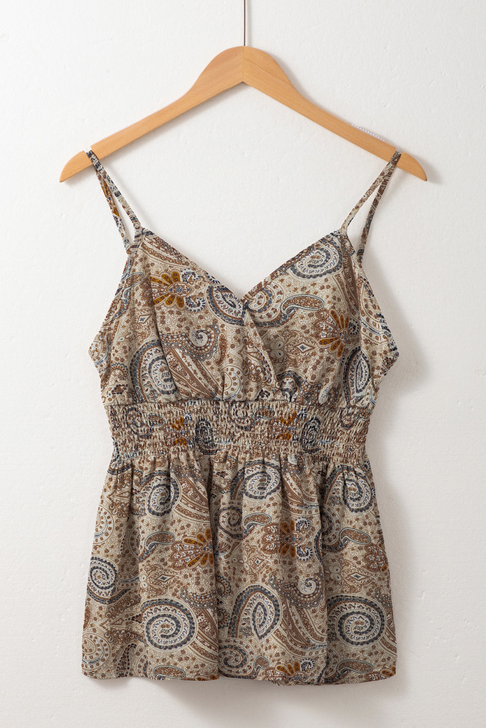 Khaki Paisley Printed Spaghetti Strap V Neck Smocked Babydoll Vest Top - eAura